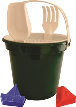 BALDE DE PRAIA COM ALÇA, PENEIRA, PÁ, RASTELO E 2 FORMAS brindes para férias escolares