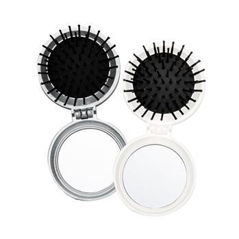 Escova com Espelho Personalizada (ref. 10342) — acessório compacto com espelho integrado e escova retrátil, disponível em branco e prata