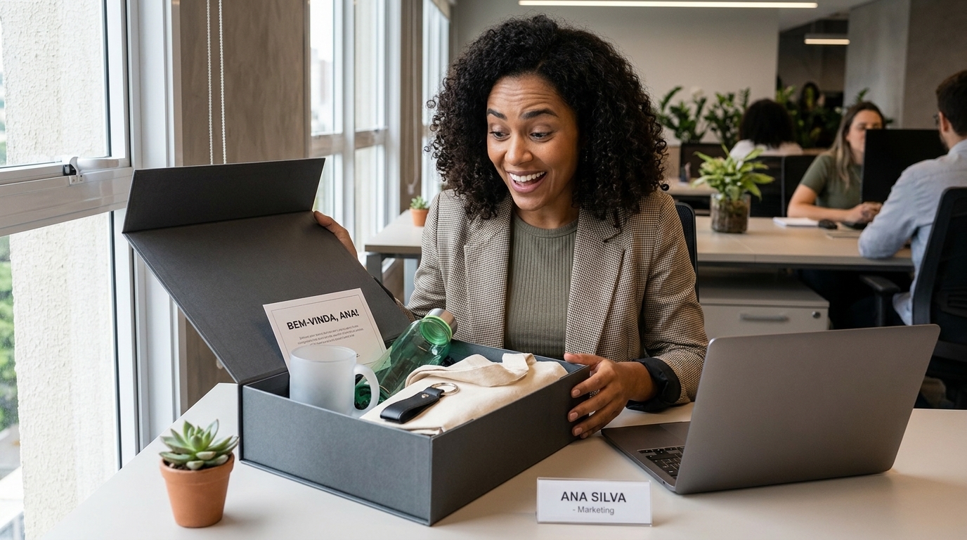 Kit de onboarding com caneca, squeeze, ecobag e chaveiro para novo colaborador