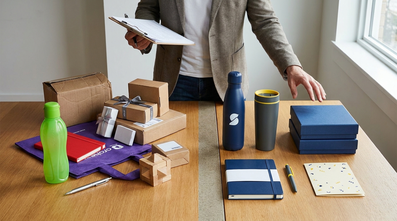Comparação entre brindes escolhidos sem planejamento e um kit corporativo coerente com a identidade da marca.