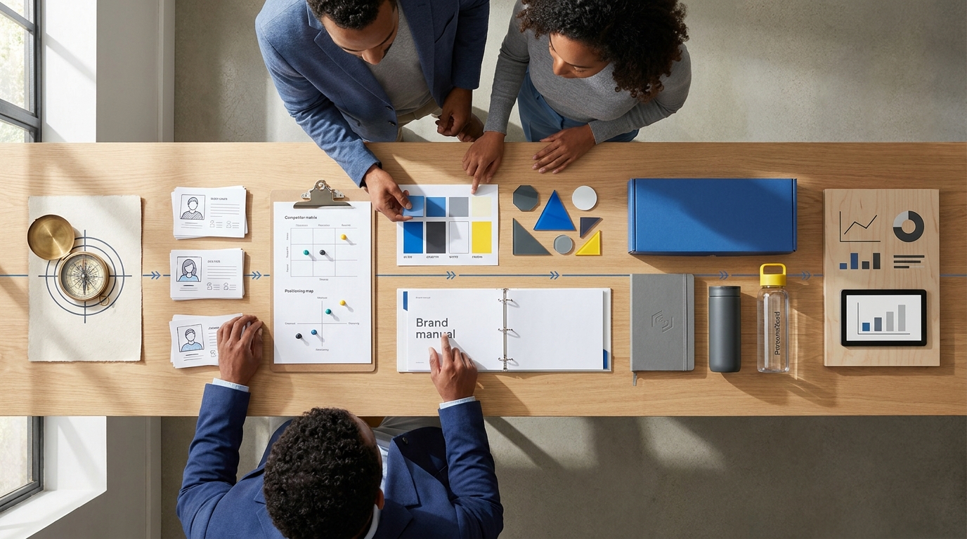 Representação visual das diferenças entre percepção de marca, estratégia de branding e identidade visual.