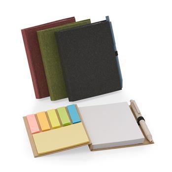 Bloco de Anotações Personalizado - 14363 Bloco de anotações personalizado com capa colorida, blocos autoadesivos, folhas brancas e suporte para caneta, indicado para eventos corporativos e feiras.