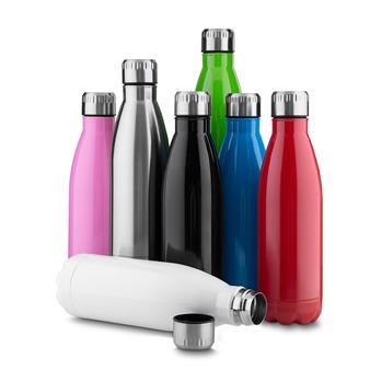 Garrafa personalizada em aço inox com pintura brilhante de 750 ml, indicada para ações internas, kits de boas-vindas e campanhas corporativas de bem-estar.