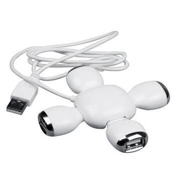 Hub USB personalizado branco com quatro entradas, indicado para campanhas de tecnologia, kits corporativos e ações voltadas à rotina digital.