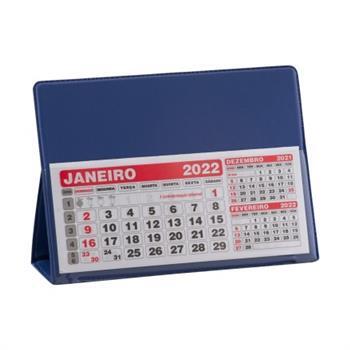 Calendário de mesa personalizado em PVC com base colorida e refil mensal, indicado para ações corporativas de fim de ano e uso em escritórios.