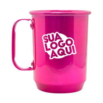 Caneca personalizada de alumínio de 500 ml com alça e acabamento colorido, indicada para eventos, campanhas promocionais, festas, bares e ações de relacionamento.