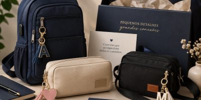 Kit promocional elegante com mochila, nécessaire, mini bolsa transversal e bag charms personalizados, representando o uso de acessórios em ações corporativas e campanhas de marca.