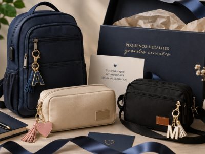 Kit promocional elegante com mochila, nécessaire, mini bolsa transversal e bag charms personalizados, representando o uso de acessórios em ações corporativas e campanhas de marca.