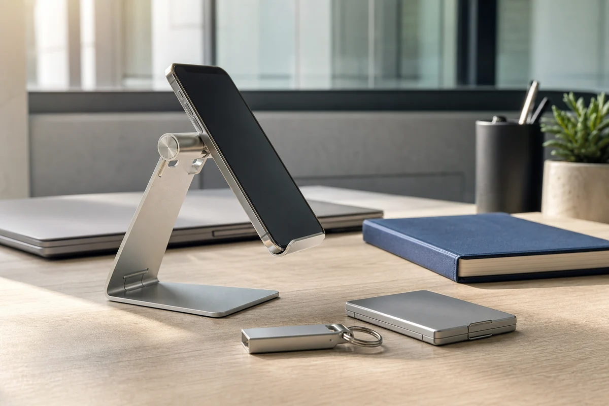 Suporte para celular, pen drive e porta-cartão de alumínio em mesa de trabalho