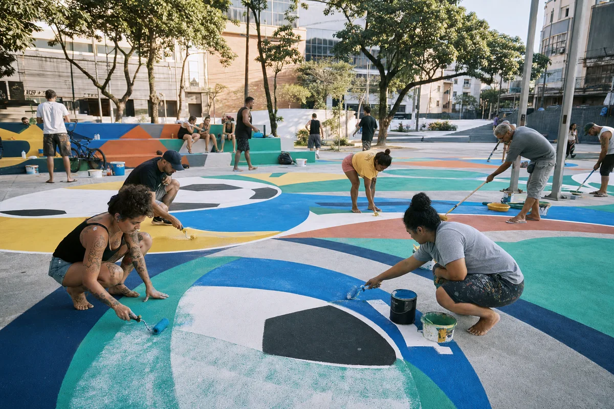 Moradores pintam uma quadra com formas coloridas inspiradas em futebol