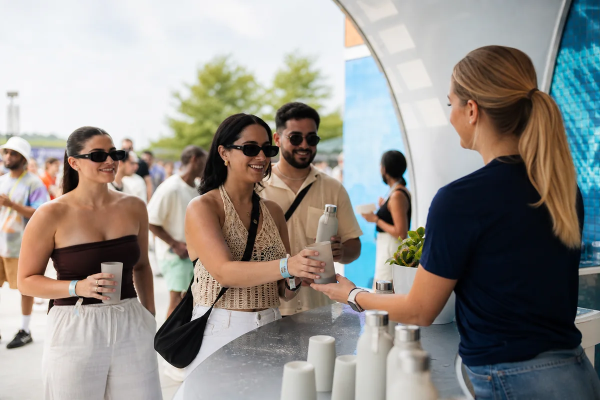 Participantes recebem copos reutilizáveis em uma ativação de hidratação no festival