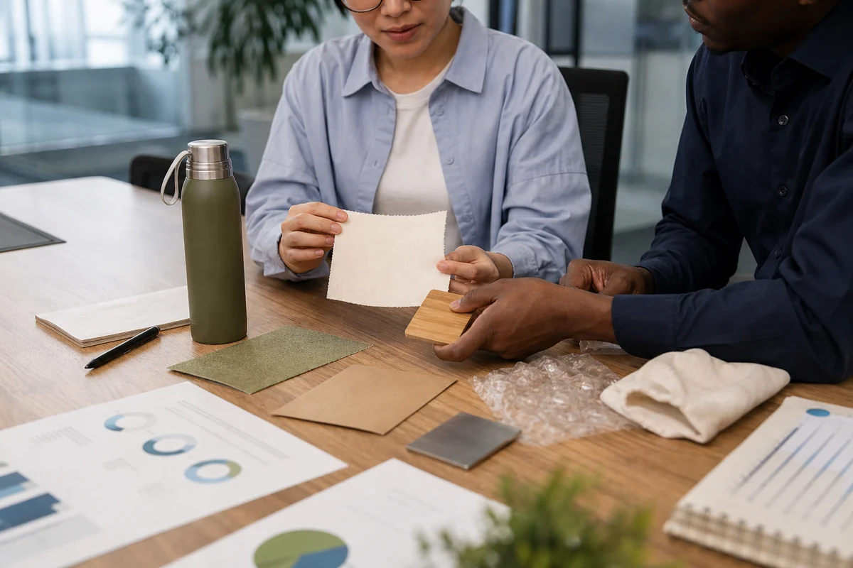 Profissionais comparam amostras de tecido, bambu, papel e metal para selecionar brindes ecológicos