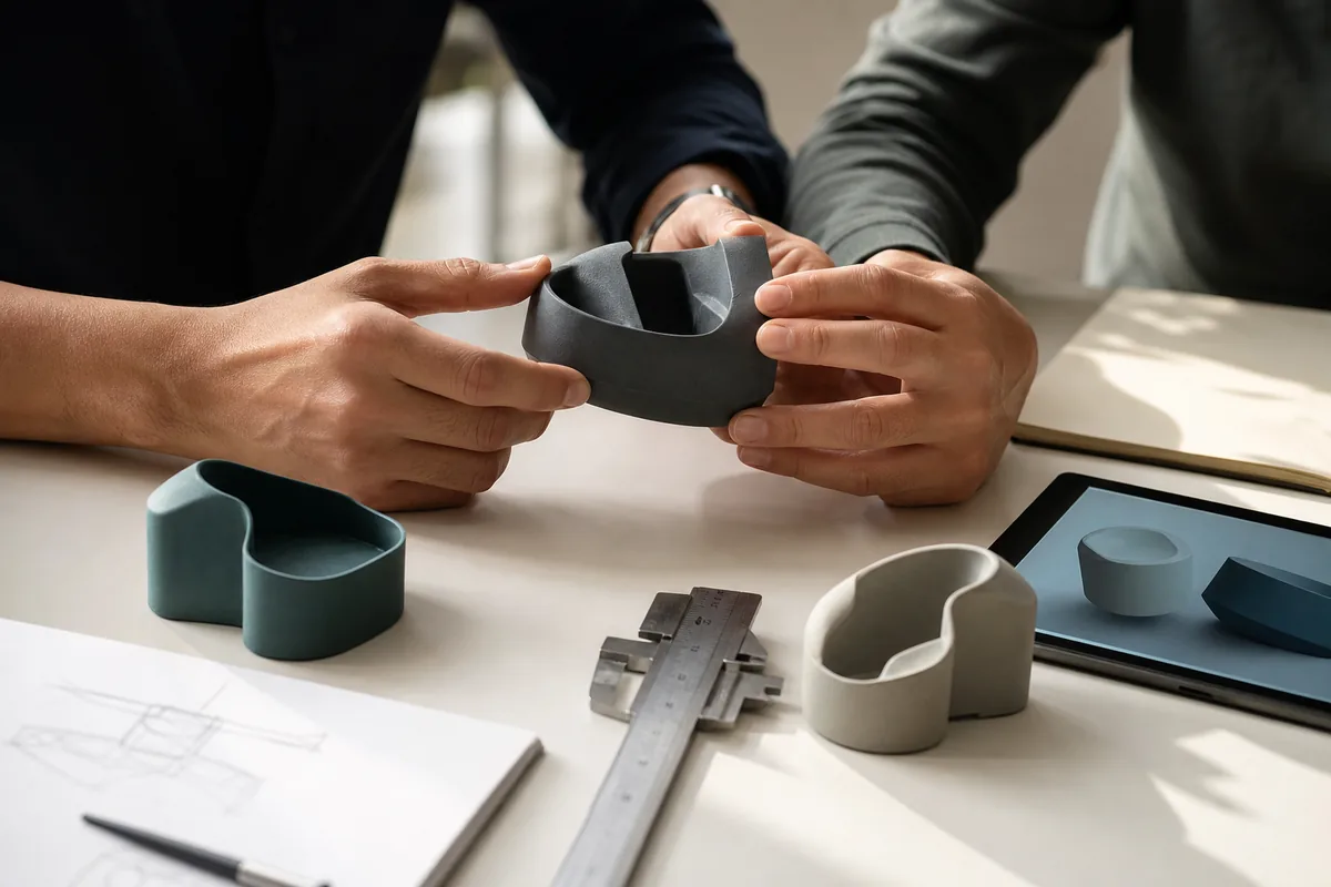 Profissionais avaliam encaixe e ergonomia de protótipos 3D de um brinde personalizado