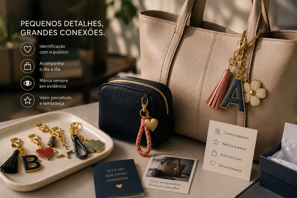 Display promocional com bolsa, nécessaire e bag charms personalizados, destacando identificação com o público, valor percebido e lembrança de marca em ações promocionais.