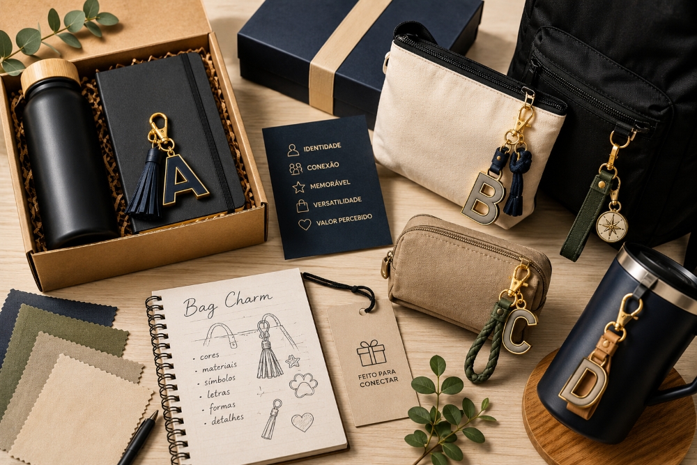 Kit promocional corporativo com bag charms personalizados aplicados em mochila, nécessaire e acessórios, destacando identidade, conexão e valor percebido.