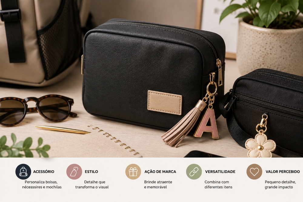 Nécessaire personalizada com bag charm preso ao zíper, acompanhada de acessórios e elementos visuais que destacam estilo, versatilidade e valor percebido.
