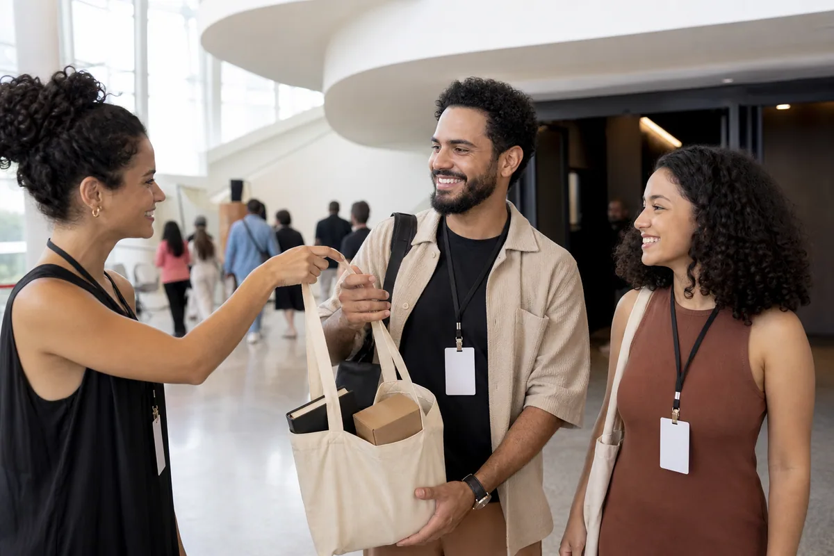 Convidados recebem bolsa de boas-vindas em foyer de festival de cinema