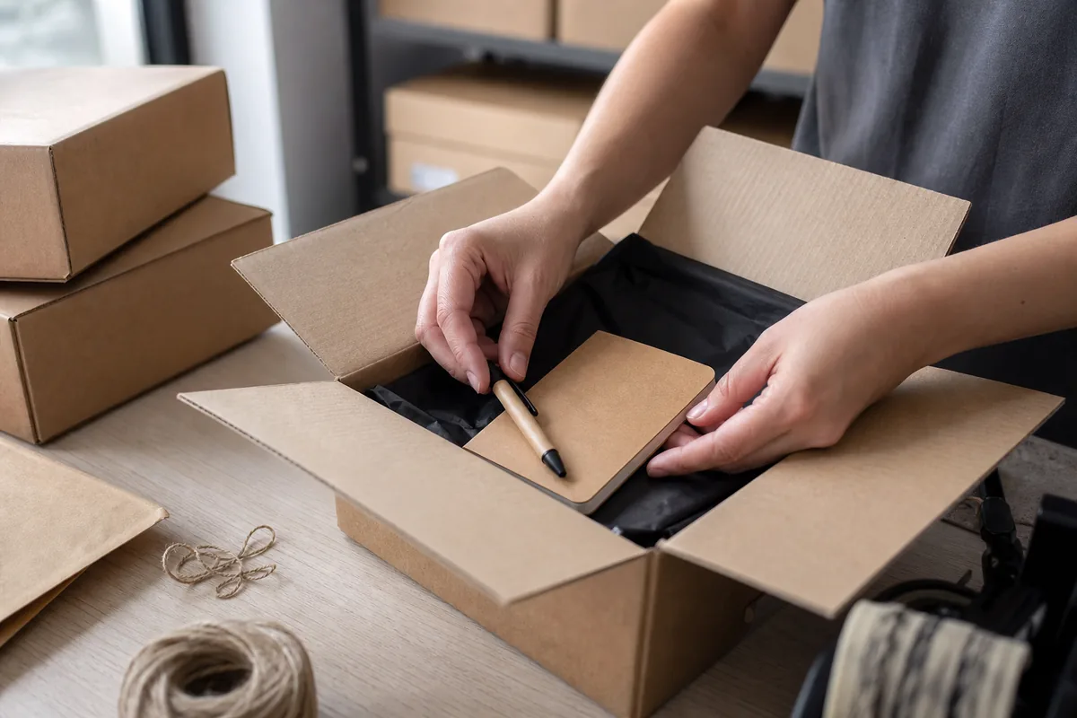 Caneta e bloco compactos sendo colocados em pedido de e-commerce