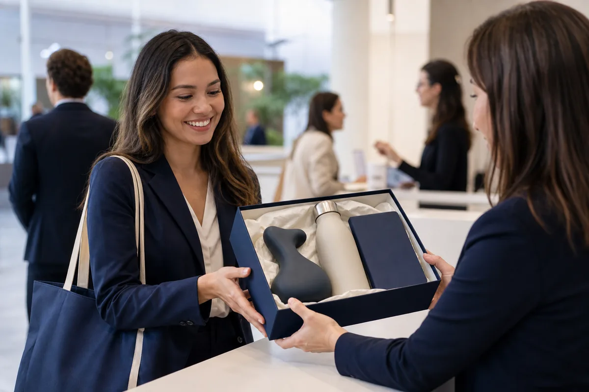 Participante recebe kit corporativo com brinde exclusivo em evento empresarial