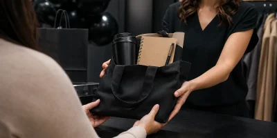 Cliente recebendo sacola com brindes em campanha de Black Friday