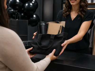 Cliente recebendo sacola com brindes em campanha de Black Friday