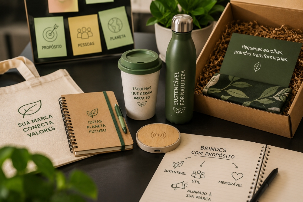 Composição de brindes personalizados com sacola reutilizável, garrafa, caderno, embalagem e elementos naturais, representando campanhas promocionais com foco em bem-estar, sustentabilidade e propósito.