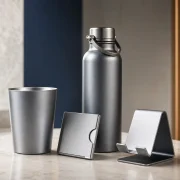 Conjunto sofisticado de brindes de alumínio com copo, garrafa, porta-cartão e suporte de celular
