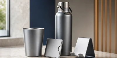 Conjunto sofisticado de brindes de alumínio com copo, garrafa, porta-cartão e suporte de celular