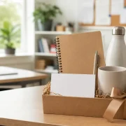 Kit personalizado com caderno, caneta, caneca e garrafa em uma sala de professores