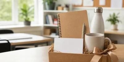 Kit personalizado com caderno, caneta, caneca e garrafa em uma sala de professores