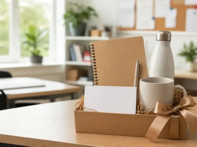 Kit personalizado com caderno, caneta, caneca e garrafa em uma sala de professores