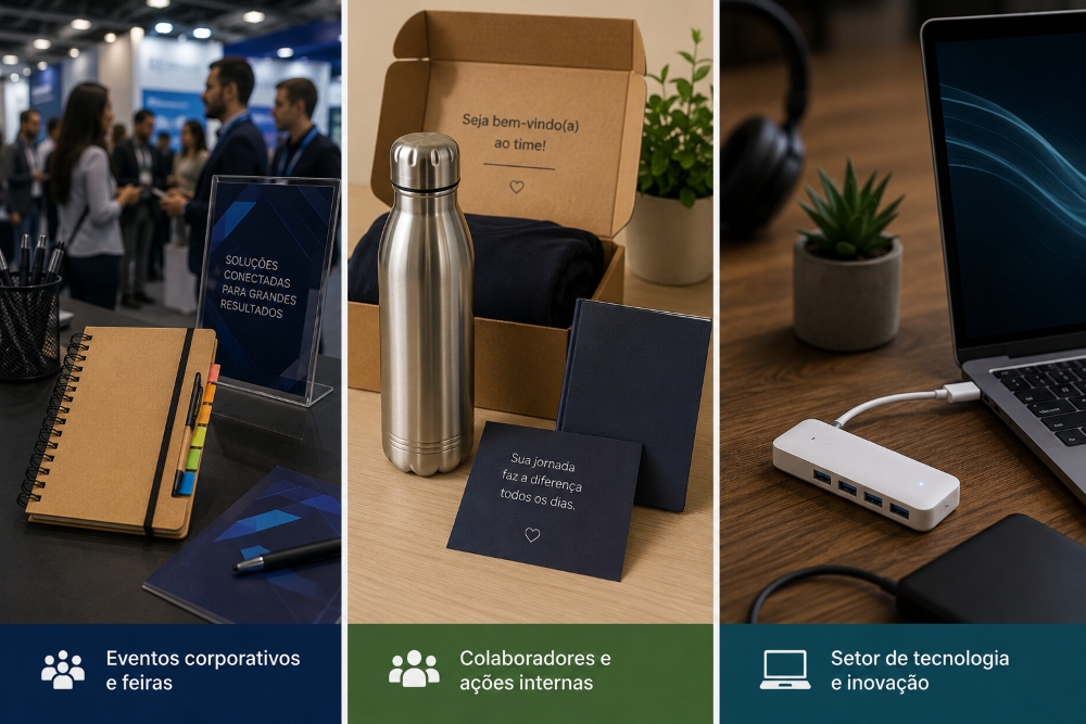 Imagem dividida em três cenas mostrando brindes personalizados para eventos corporativos, ações internas com colaboradores e rotina de tecnologia, com bloco de anotações, garrafa inox e hub USB em contextos de uso.