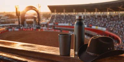 Copo, garrafa térmica e chapéu sertanejo diante de uma arena de rodeio ao pôr do sol