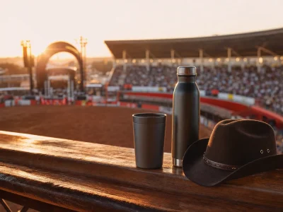 Copo, garrafa térmica e chapéu sertanejo diante de uma arena de rodeio ao pôr do sol