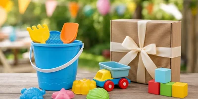 Kit infantil com balde de praia, acessórios coloridos e caixa de presente em evento ao ar livre