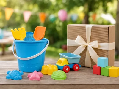 Kit infantil com balde de praia, acessórios coloridos e caixa de presente em evento ao ar livre