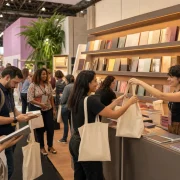 Visitantes recebem sacolas personalizadas em um estande de feira literária