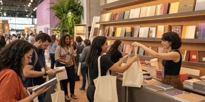 Visitantes recebem sacolas personalizadas em um estande de feira literária