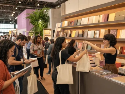 Visitantes recebem sacolas personalizadas em um estande de feira literária