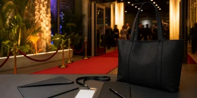 Bolsa, caderno, caneta e credencial em recepção de festival de cinema