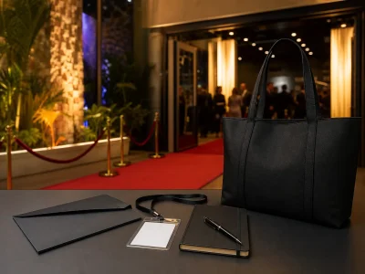 Bolsa, caderno, caneta e credencial em recepção de festival de cinema