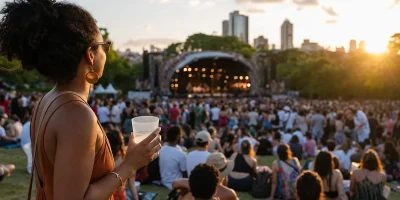 Público acompanha festival de música ao ar livre com copo reutilizável