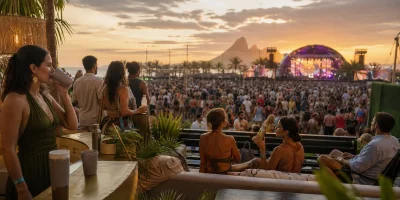Público em área de experiência de festival usando copos e garrafas reutilizáveis diante do palco