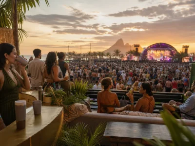 Público em área de experiência de festival usando copos e garrafas reutilizáveis diante do palco