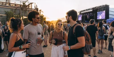 Público em festival de música usando copos e garrafas reutilizáveis diante de um palco