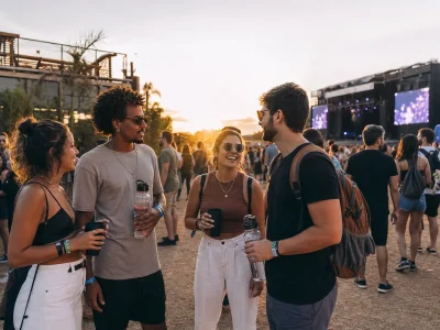 Público em festival de música usando copos e garrafas reutilizáveis diante de um palco