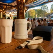 Copo, caneca, tirante e caixa de presente em ambiente de festa inspirado na Oktoberfest