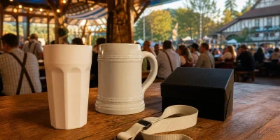 Copo, caneca, tirante e caixa de presente em ambiente de festa inspirado na Oktoberfest