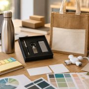 Mesa corporativa com brindes personalizados, incluindo bloco de anotações, garrafa inox, hub USB, sacola de juta, toalha esportiva e kit escritório, organizada como planejamento de campanha de marketing de nicho.