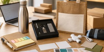 Mesa corporativa com brindes personalizados, incluindo bloco de anotações, garrafa inox, hub USB, sacola de juta, toalha esportiva e kit escritório, organizada como planejamento de campanha de marketing de nicho.